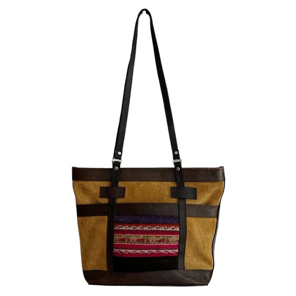 Leather-Accented Tan Suede Bolivian Textile Artisan Crafted Shoulder Tote Bag - Picture 4 of 10